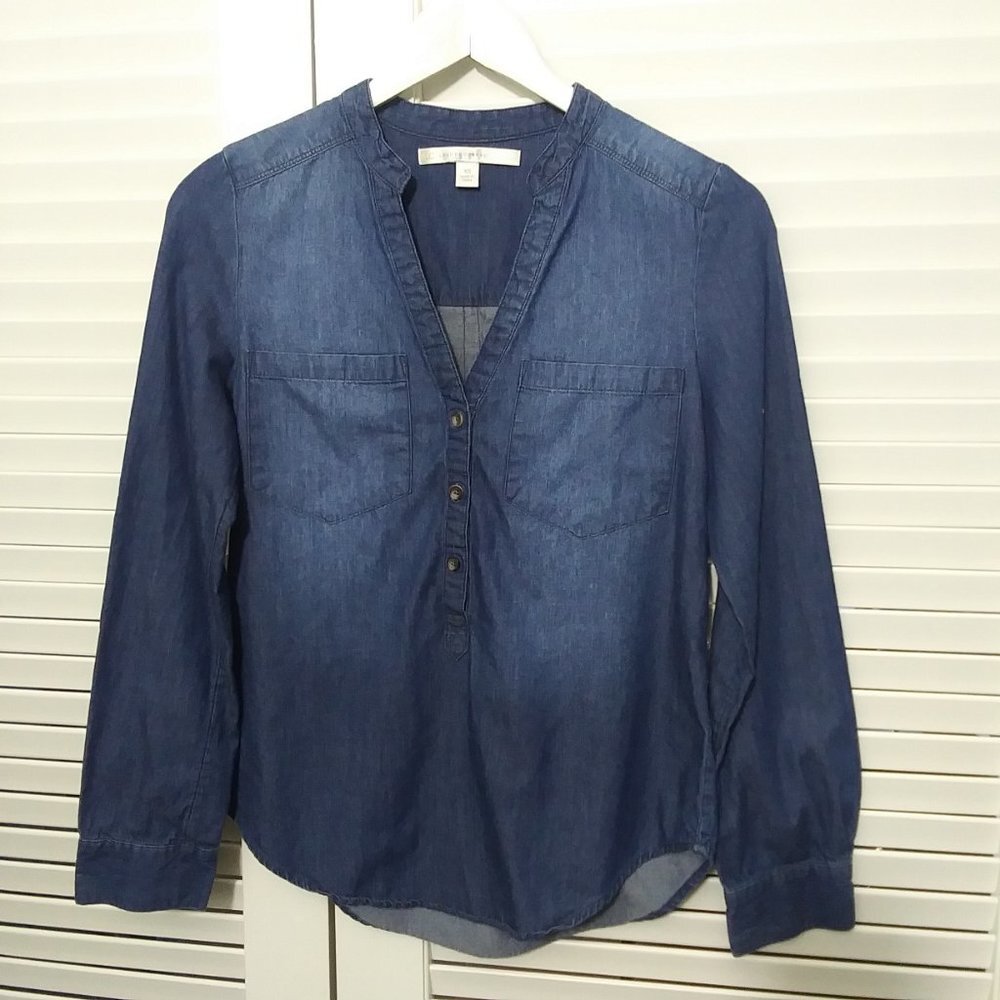 LC Lauren Conrad Chambray Shirt 100% Cotton Blue Long Sleeve Tunic Top Womens XS